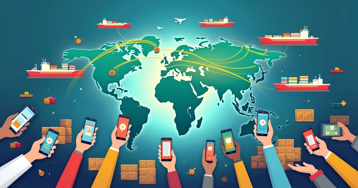 Ilustração vibrante de comunicação na logística internacional com diversos dispositivos, globo e rotas de transporte.