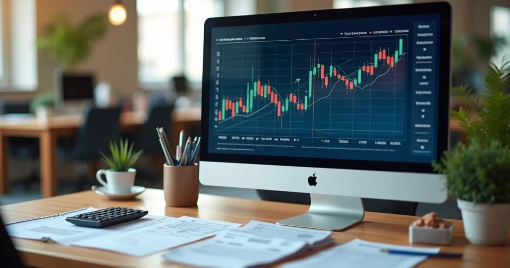 Tela de computador mostrando gráficos financeiros de câmbio e planilhas de custos com notas fiscais ao lado