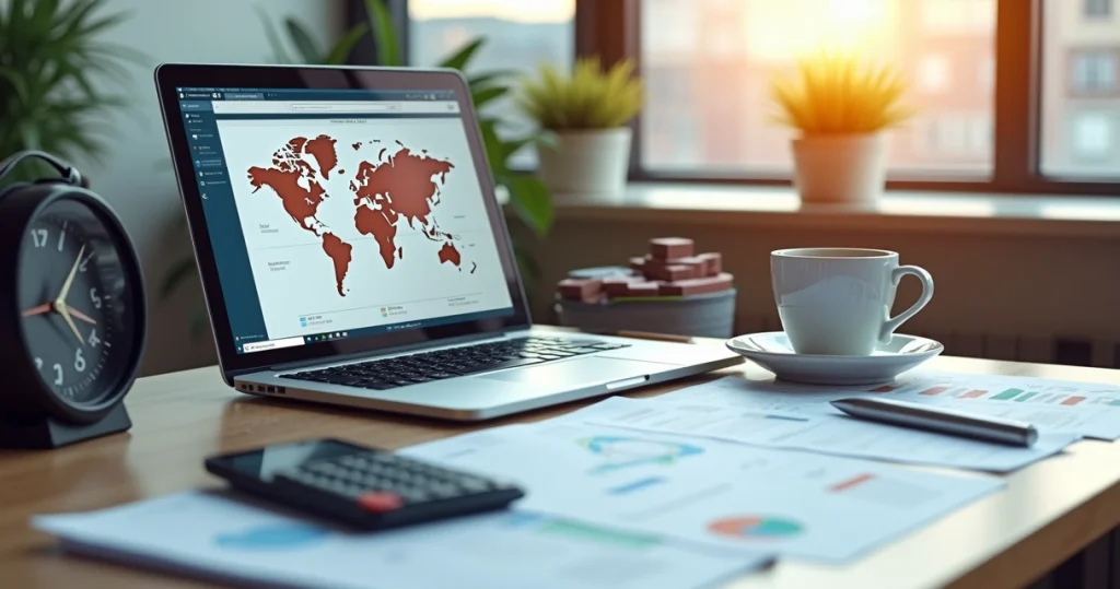 Mesa de trabalho com notebook exibindo gráficos de frete internacional, documentos de logística, relógio e calculator ao redor