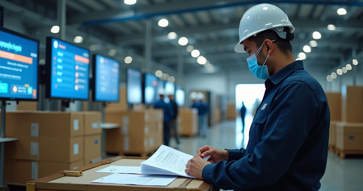 Agente fiscal conferindo documentos e pacotes em área de alfândega moderna e tecnológica para importação de PMEs