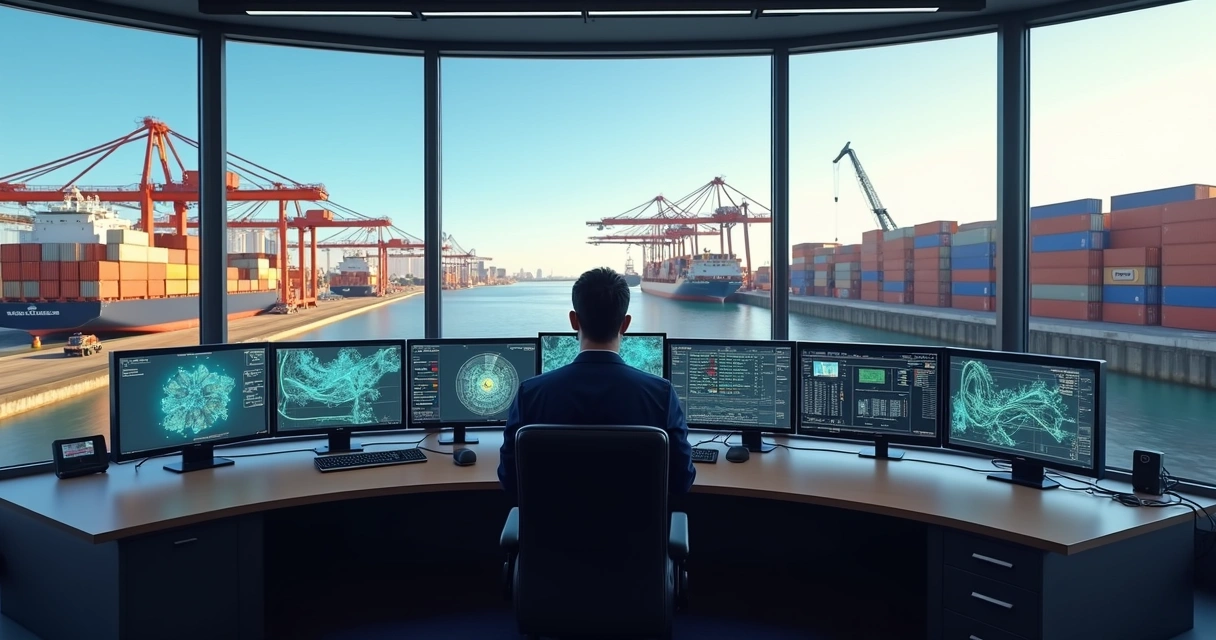 Portêiner operando remotamente no Terminal Portuário de Vila Velha com tela de controle e vista ampla do terminal portuário ao fundo